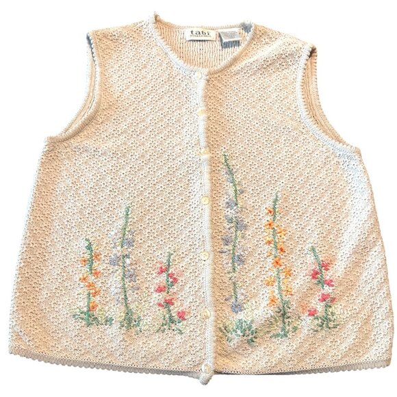 Tabi International Floral Embroidered Vest L Vintage Crochet Cottagecore Grandma - Picture 1 of 9